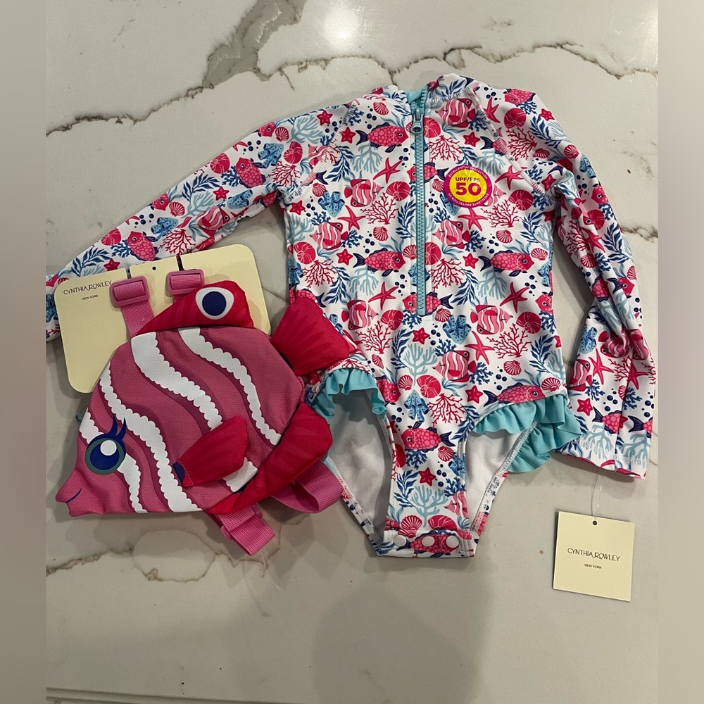 Cynthia Rowley toddler bathing suit with fish backpack- size 3T